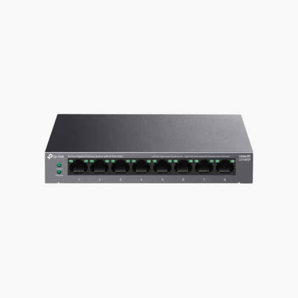 TP-Link LiteWave LS108GP 8-Port Gigabit Desktop Switch with 8-Port PoE+ (TPLS108GP) – 62W PoE, Unmanaged
